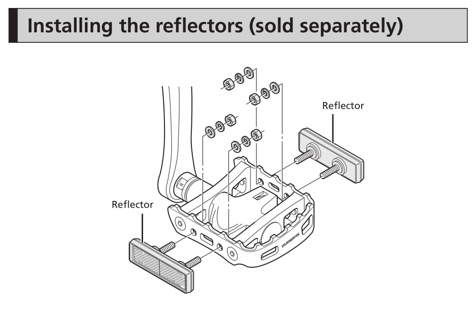 schematic showing how to install reflectors on Shimano PD-M324 pedals