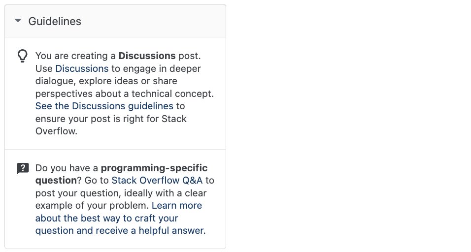 The updated right sidebar from the Discussions post creation screen which displays text and links to help a user determine if Discussions is the correct place to create their post