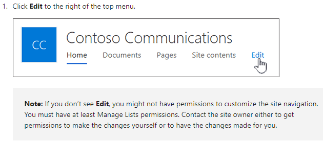 pic of MS advice for editing the top bar navigation