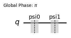 Quantum circuit diagram showing a global phase as pi and no gate between the saving of psi0 and psi1