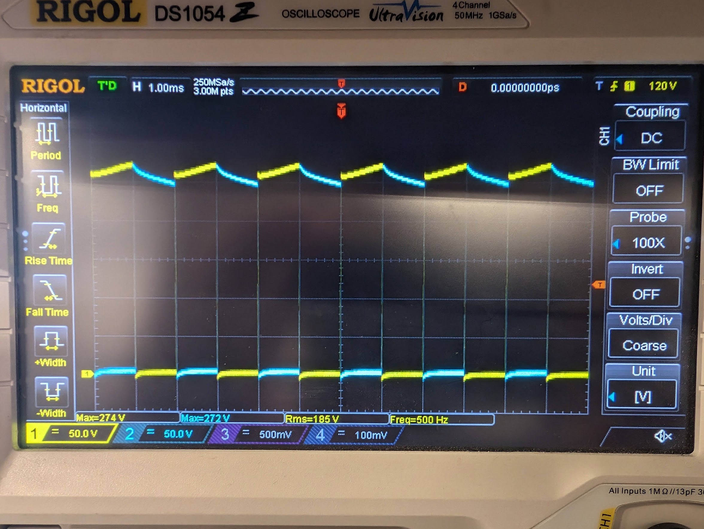 Oscilloscope trace of a 262 V, 500 Hz square wave.