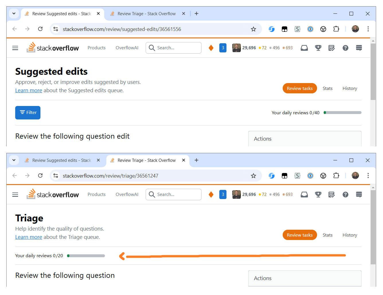 Comparison of typical review queue with Triage queue that has daily reviews on left