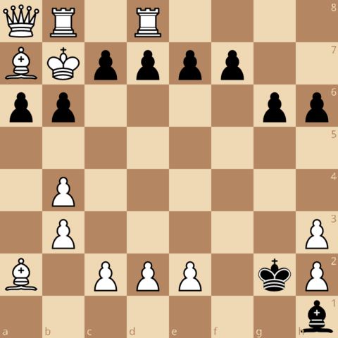 final position, FEN is QR1R4/BKpppp2/pp4pp/8/1P6/1P5P/B1PPP1kP/7b