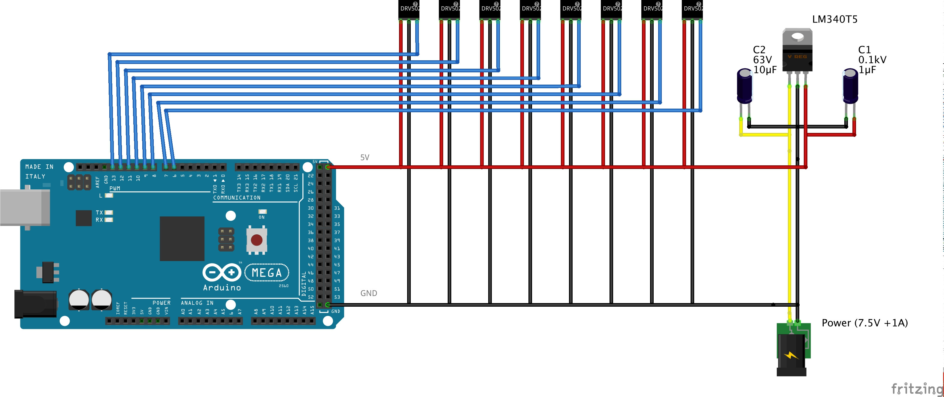 'schematic' (only showing first 8 sensors connected. The ArduinoMEGA is connected to a computer via a usb cable with disabled power line)