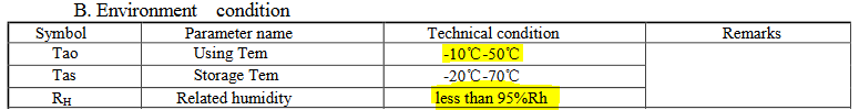 environment specifications regarding temperature and humidity of the sensor