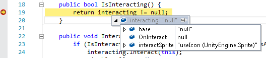 Screenshot comparing interacting to null — debugger says its value is "null"