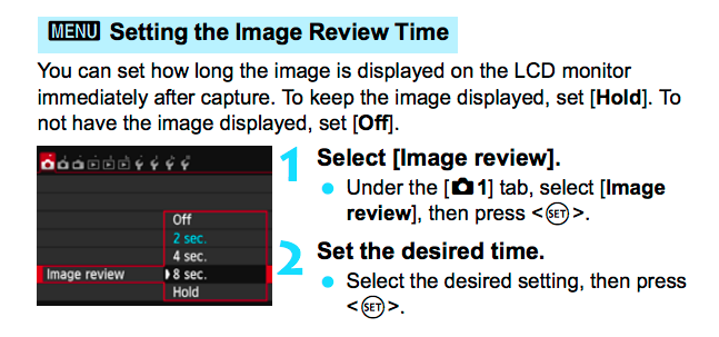 70D manual p.60 instructions on image review time