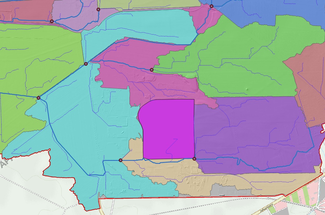 Isolated subbasin (dark_purple) as layer over other subasins