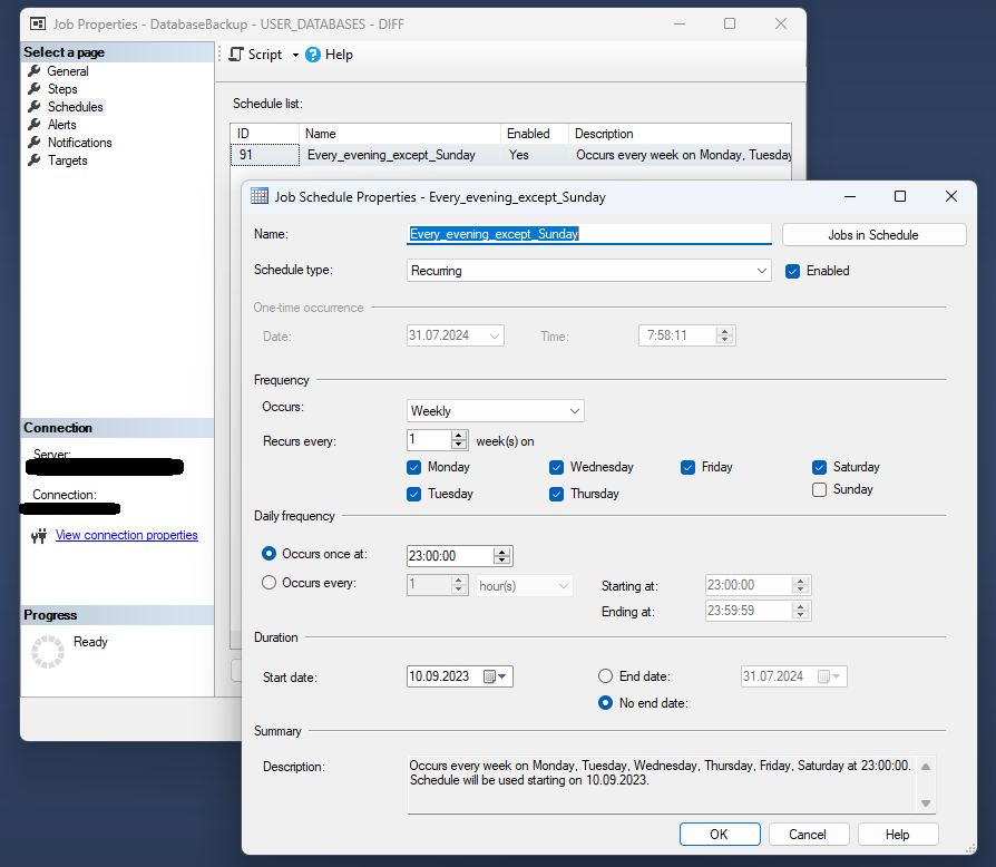 Showing the weekly schedule setup in SSMS GUI