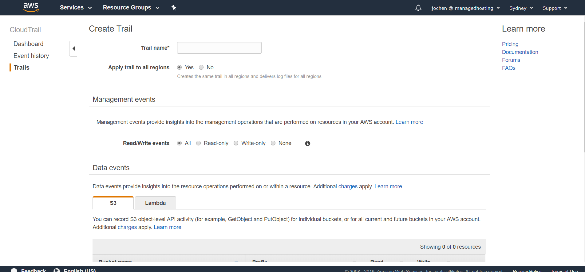 CloudTrail Create New Trail