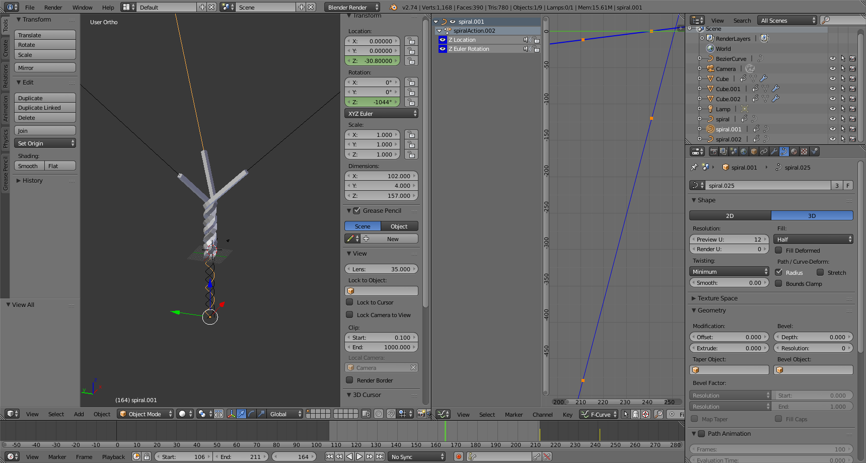 screenshot of twisting rope scene in blender