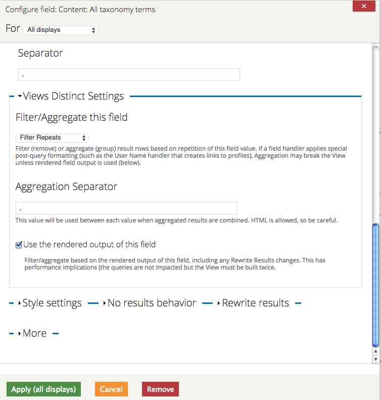 Views Distinct Module settings