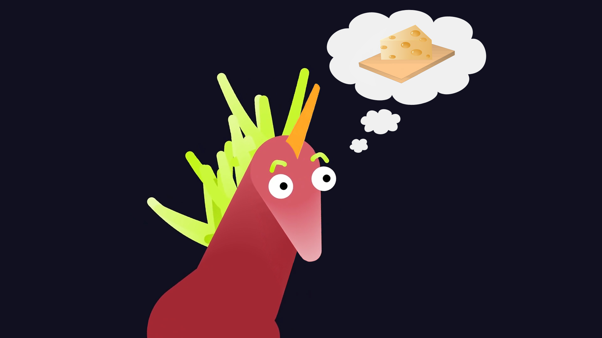 A unicorn thinking of cheese, wishing for cheese, and dreaming of cheese.