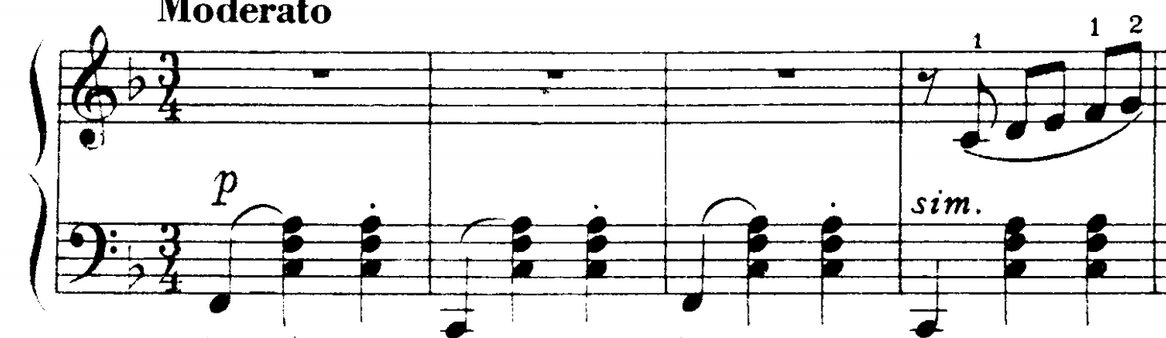 Four measures of a piano score, with three whole measure rests in the right hand