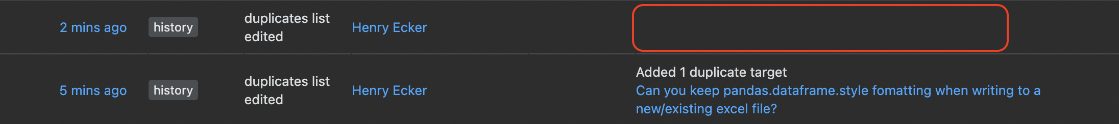 duplicates list edited with missing edit description