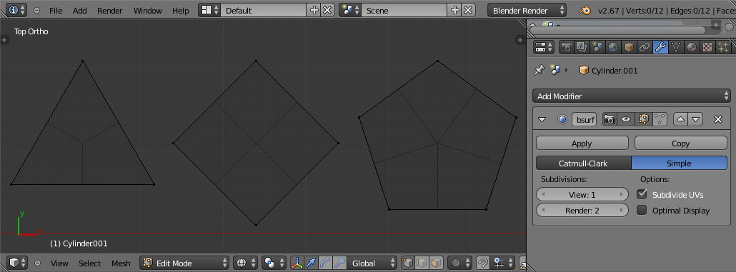 Subdividing a tri, quad, and ngon.