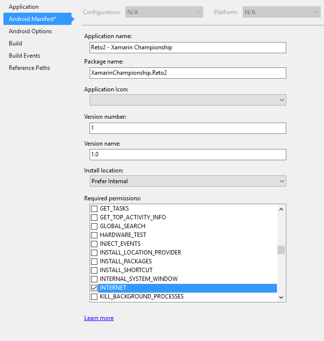 Propiedades de projecto Xamarin