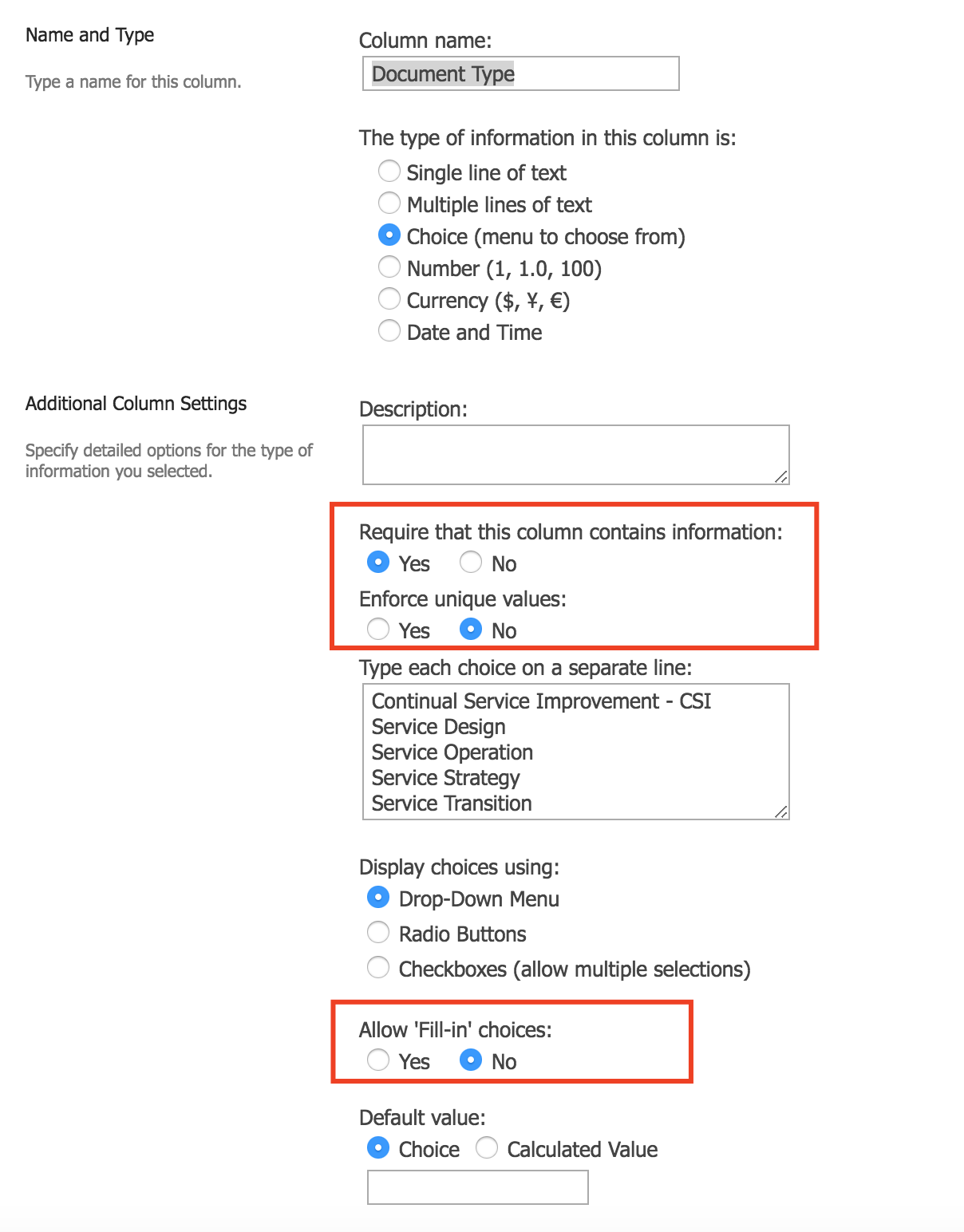 Document Type Column Settings