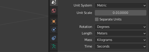 scene configuration showing 0.01 in the unit scale parameter