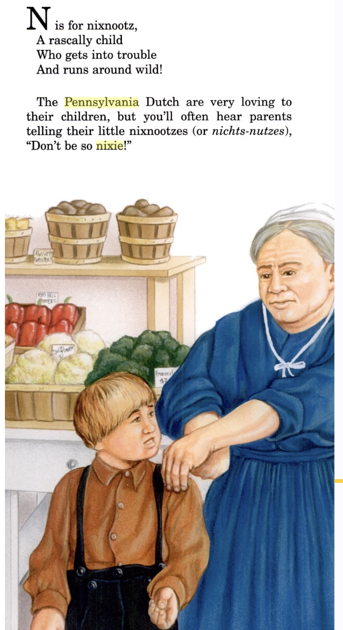 Screenshot from *The Pennsylvania Dutch Alphabet* entry `N`, quoted below, with an illustration of a grandma chiding a naughty grandson