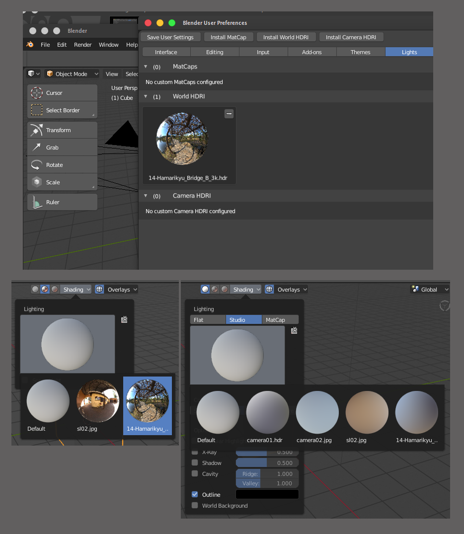 Imported world HDRI, showing both in Solid Mode Studio Light and LookDev