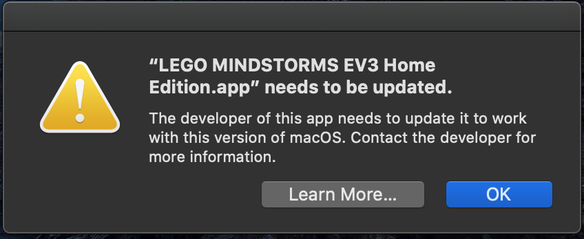 LEGO MINDSTORMS EV3 Home Edition.app needs to be updated