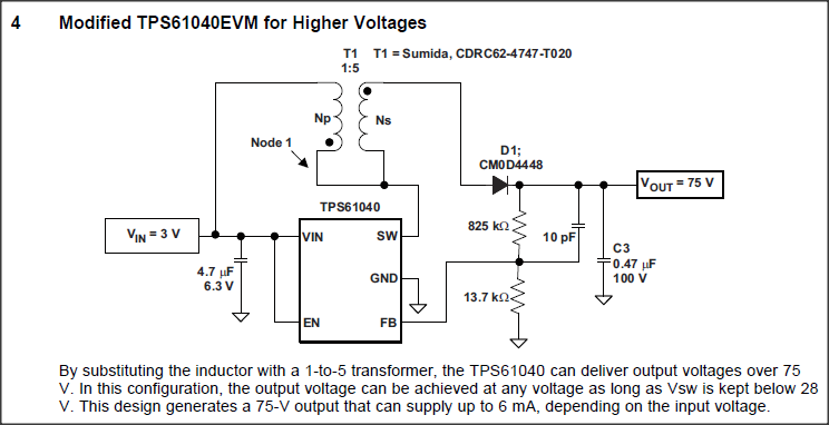 3V to 75 V converter with autotransformer