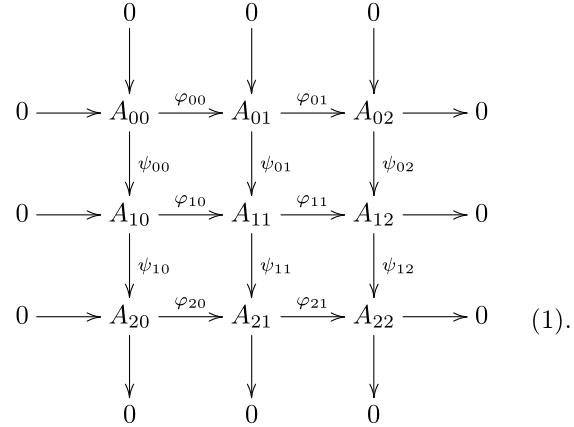 \xymatrix{&0\ar[d]&0\ar[d]&0\ar[d]&\0 \ar[r] & A_{00} \ar[r]^{\varphi_{00}}\ar[d]^{\psi_{00}} & A_{01} \ar[r]^{\varphi_{01}}\ar[d]^{\psi_{01}} & A_{02} \ar[r]\ar[d]^{\psi_{02}} & 0\0 \ar[r] & A_{10} \ar[r]^{\varphi_{10}}\ar[d]^{\psi_{10}} & A_{11} \ar[r]^{\varphi_{11}}\ar[d]^{\psi_{11}} & A_{12} \ar[r]\ar[d]^{\psi_{12}} & 0\0 \ar[r] & A_{20} \ar[r]^{\varphi_{20}}\ar[d] & A_{21} \ar[r]^{\varphi_{21}}\ar[d] & A_{22} \ar[r]\ar[d] & 0\&0&0&0&}