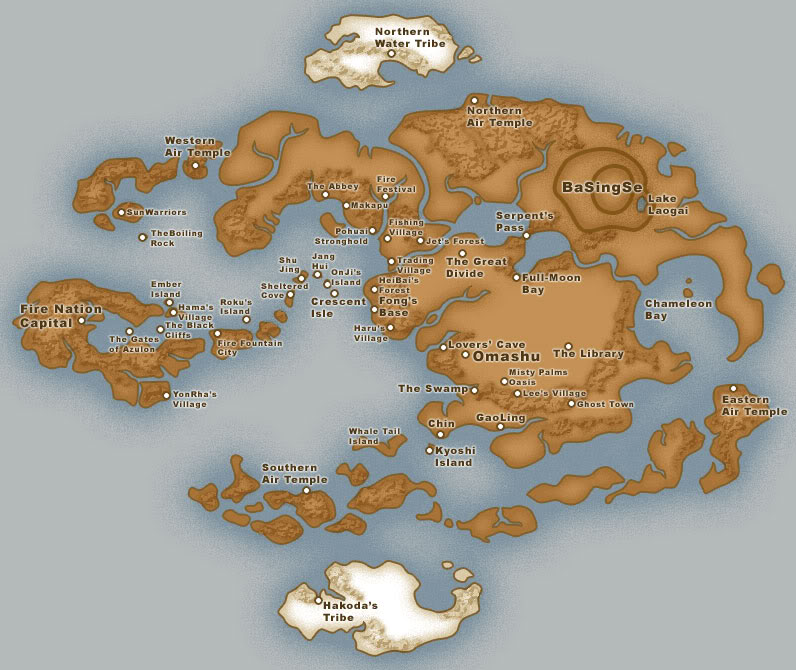 A map of the world of Avatar: The Last Airbender, showing the division into the Four Nations