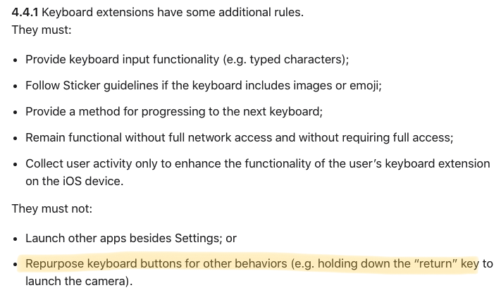 Screenshot from App Store Review Guidelines with part about repurposing return key highlighted