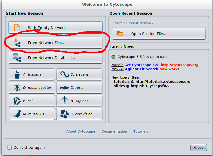 Cytoscape welcome screen