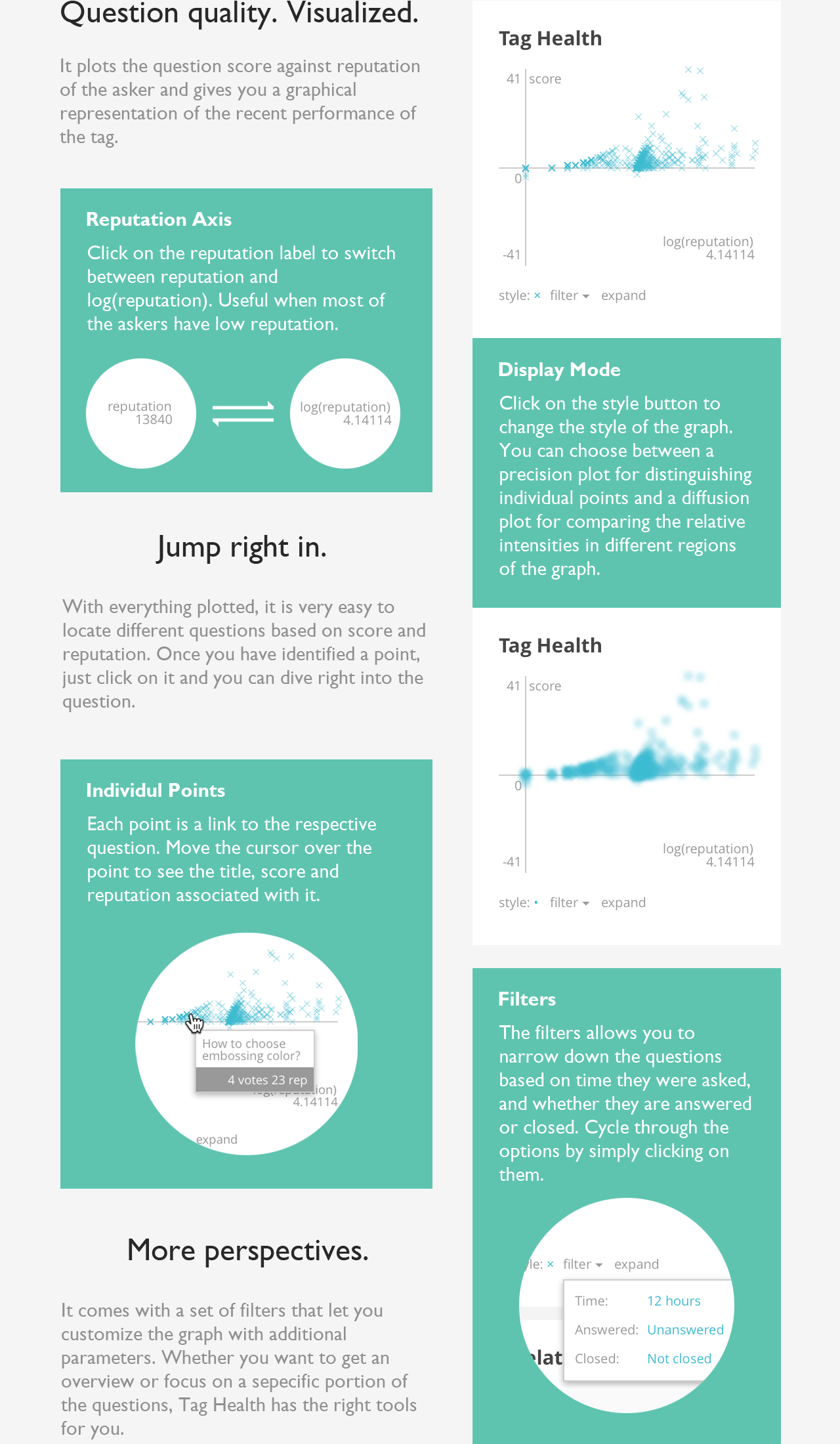 Question quality. Visualized. lt plots the question score against reputation of the asker and gives you a graphical representation of the recent performance of the tag. Jump right in. With everyhing plotted, it is very easy to locate different questions based on score and reputation. Once you have identified a point, just click on it and you can dive right into the question. More perspectives. lt comes with a set of filters that let you customize the graph with additional parameters. Whether you want to get an overview or focus on a sepecific ponion of the questions, Tag Health has the right tools for you