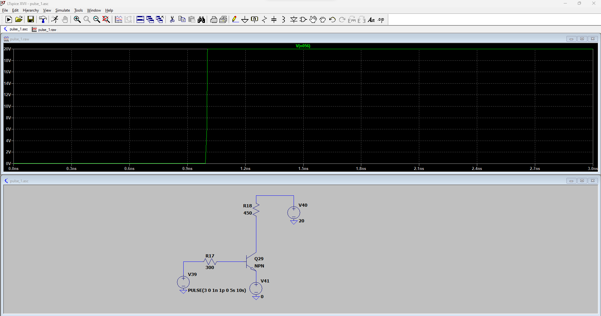 Simulated step response of an NPN BJT-based common-emitter amplifier, exhibiting the risetime