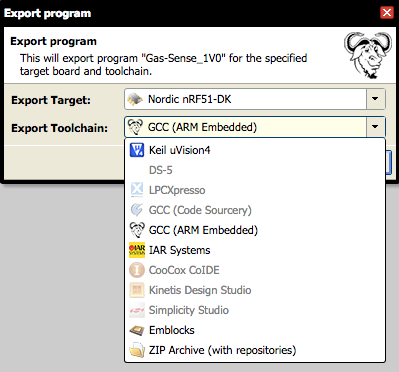 Here is my export screen - showing the options I have from Mbed