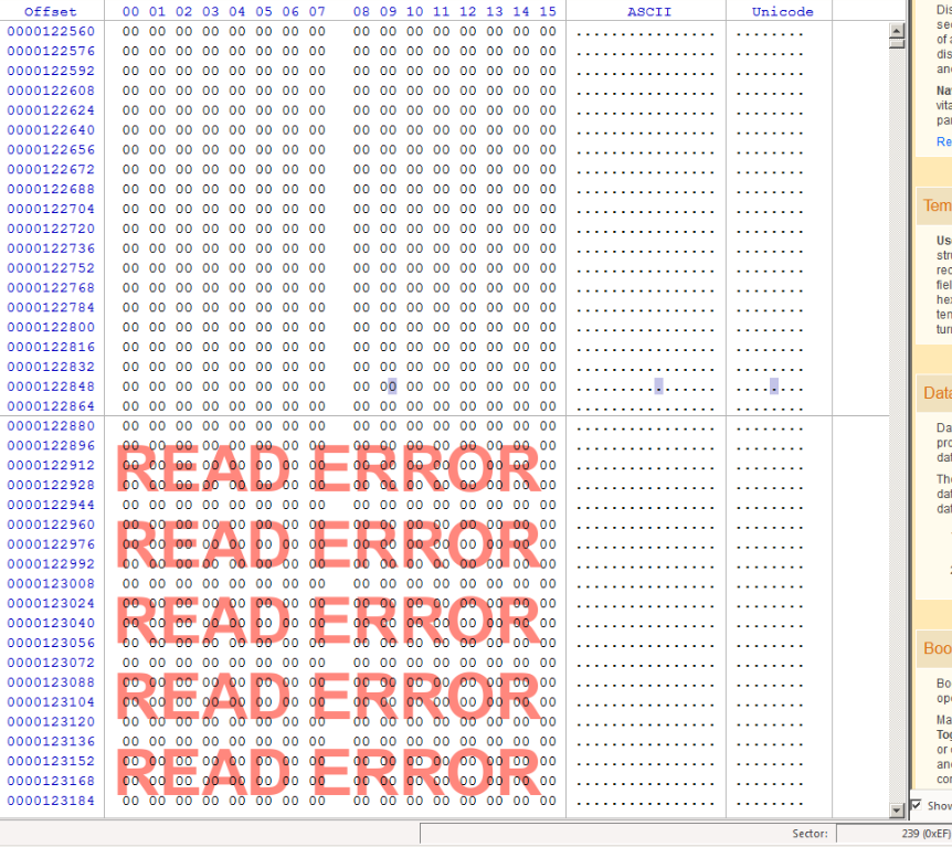 Read error in hidden sector area at the beginning of the FAT boot sector