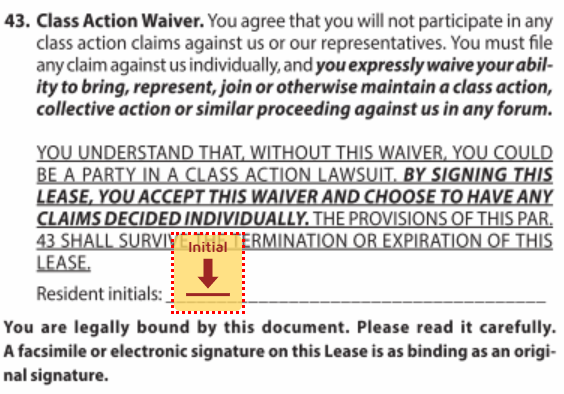 screencap of class action waiver clause