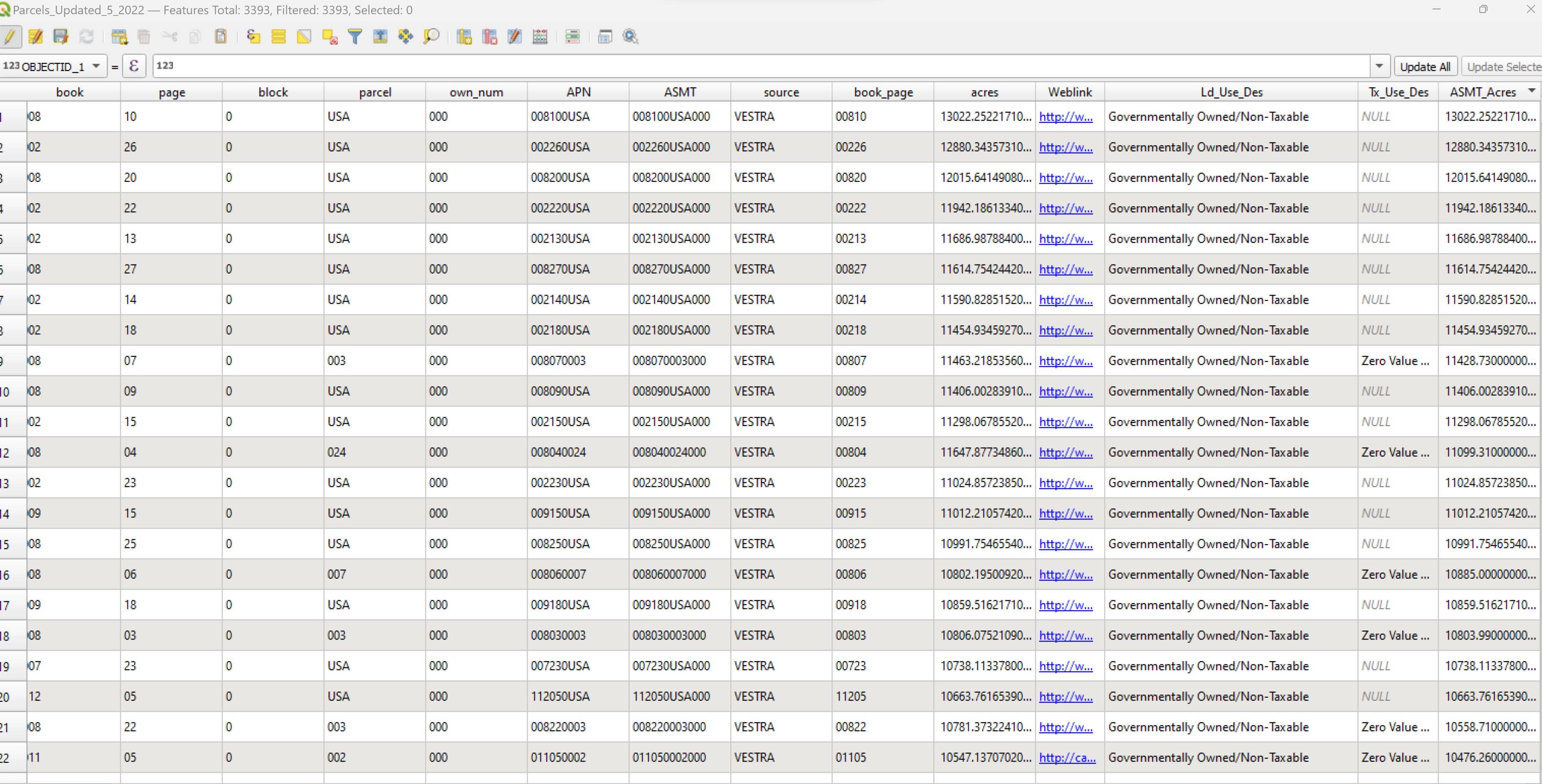 screenshot of attribute table