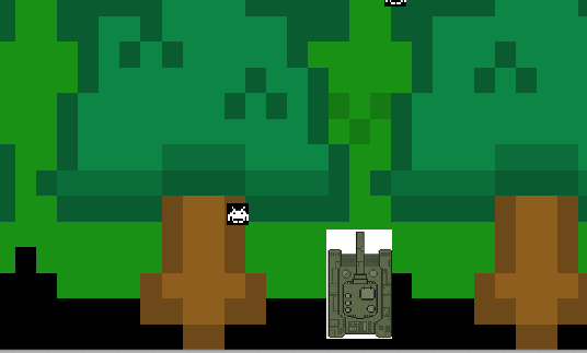 Game screenshot showing forest scene with a tank sprite inside a white rectangle