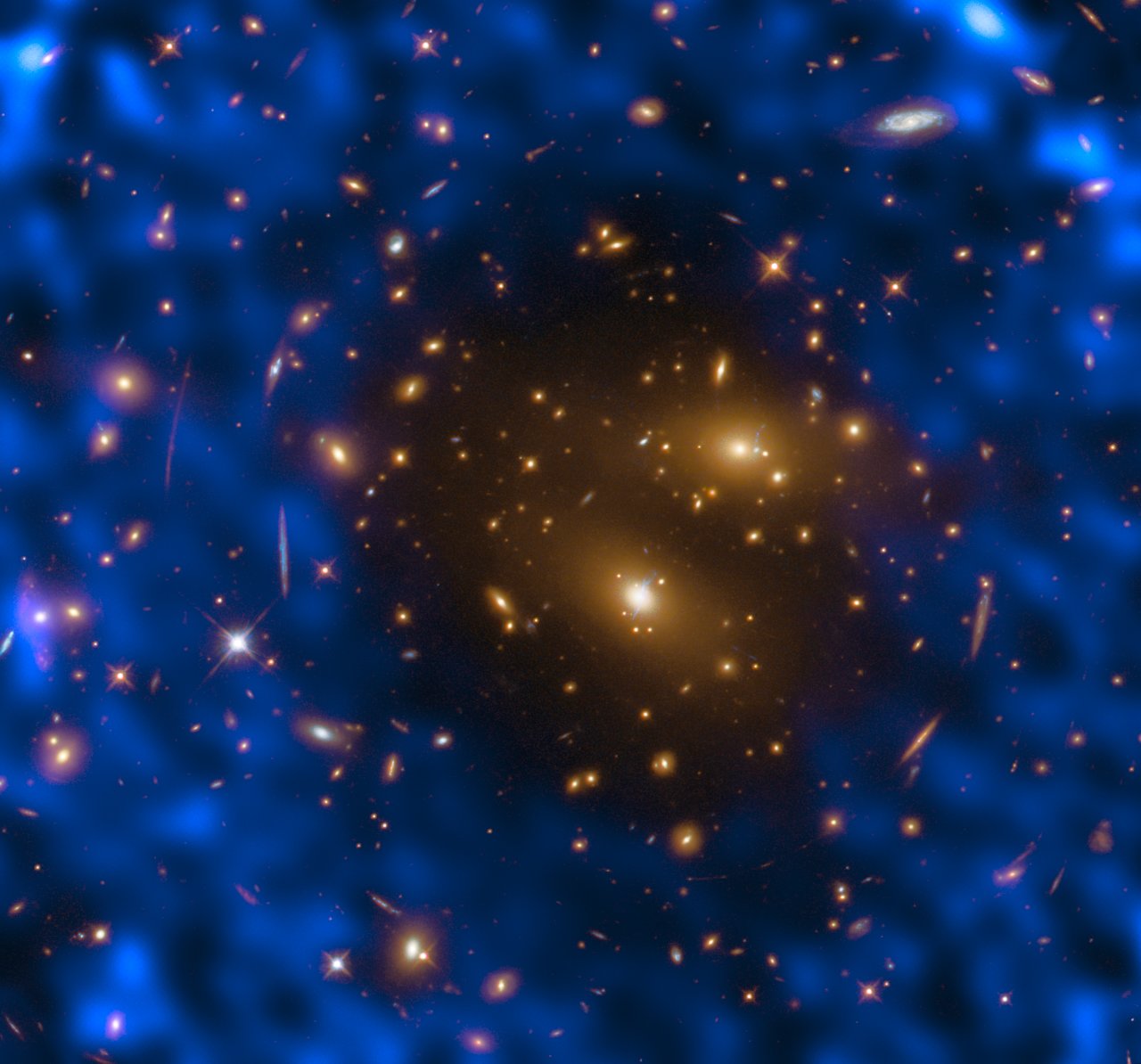 the first measurements of the thermal Sunyaev-Zel’dovich effect from the Atacama Large Millimeter/submillimeter Array (ALMA) in Chile (in blue)