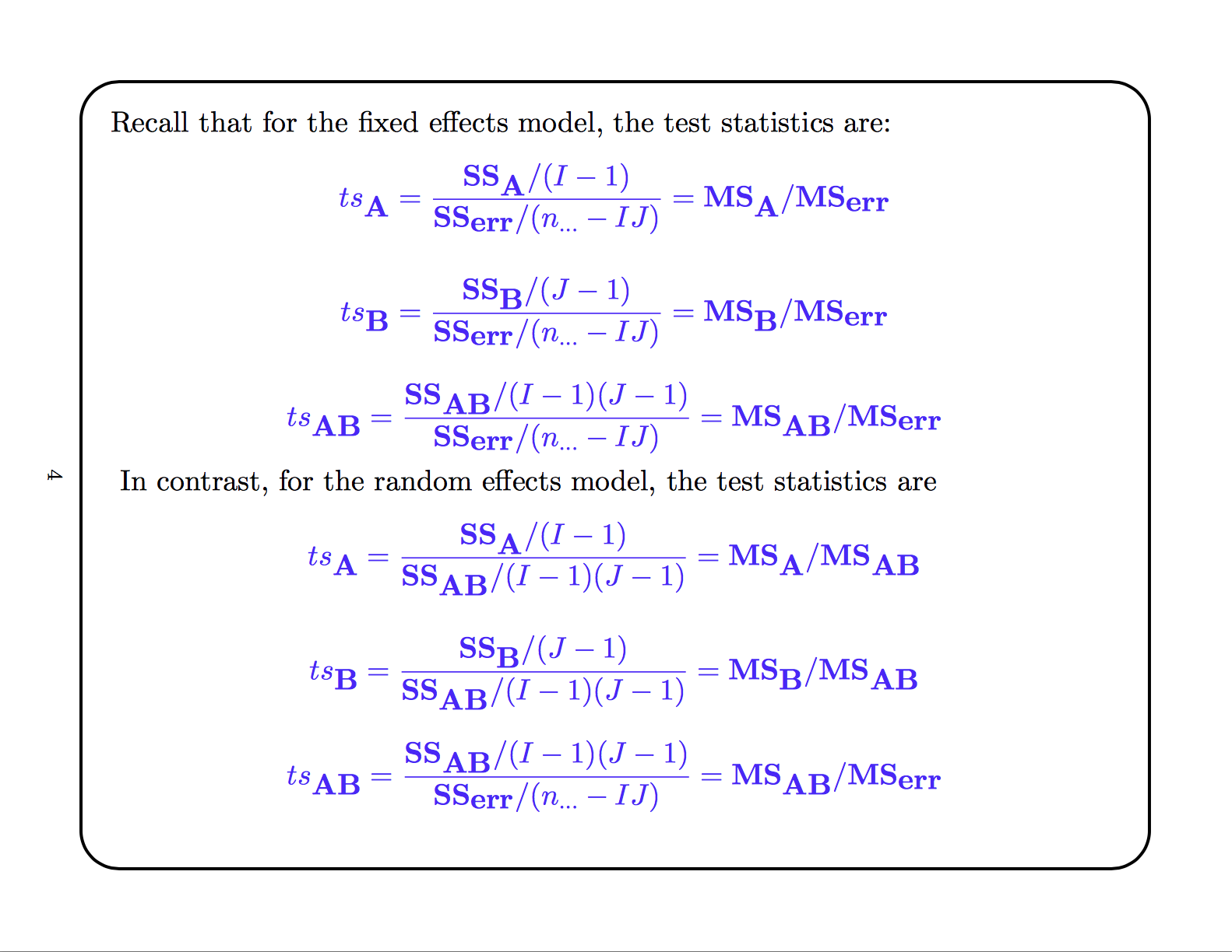 test statistics for fixed and random effects models