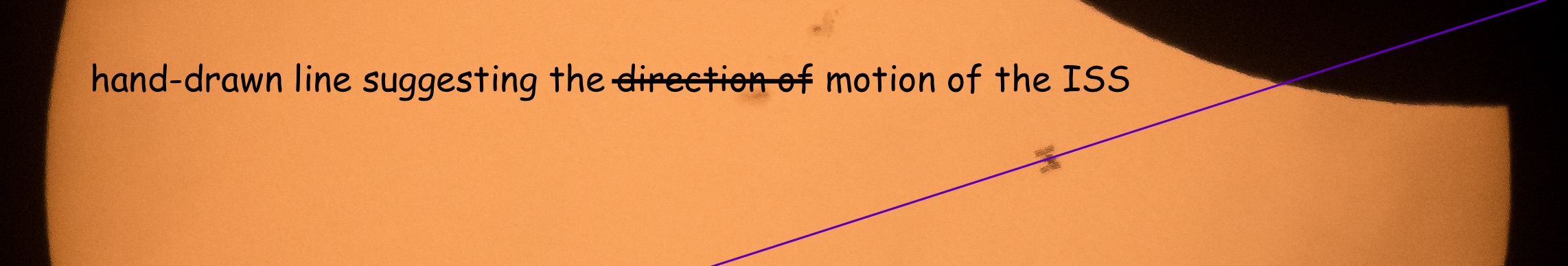 cropped and annotated "The International Space Station, with a crew of six onboard, is seen in silhouette as it transits the Sun at roughly five miles per second during a partial solar eclipse on Aug. 21, 2017 near Banner, Wyoming." Captured by NASA photographer Joel Kowsky