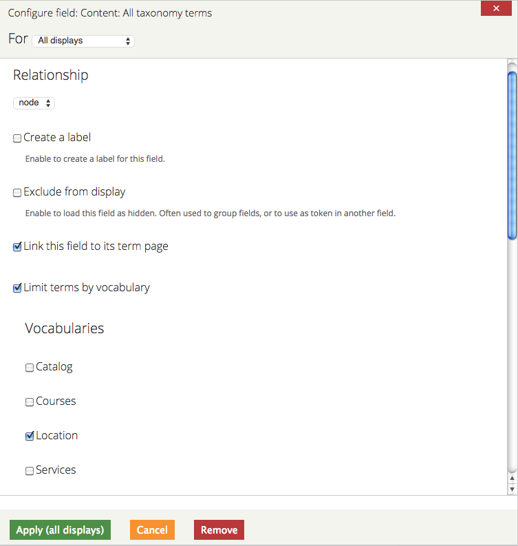 Views Content: All Taxonomy Terms field settings