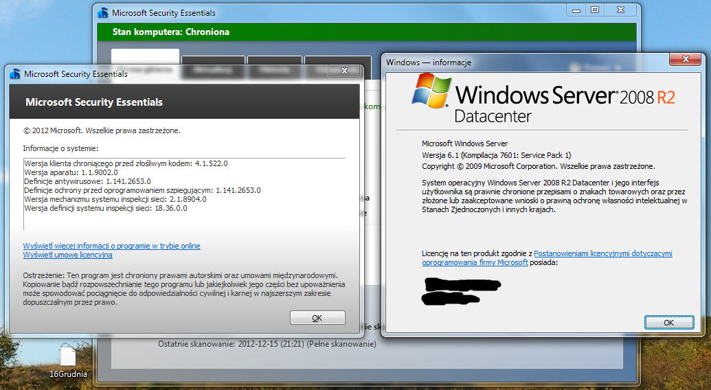 screenshot showing Microsoft Security Essentials on Server 2008 R2