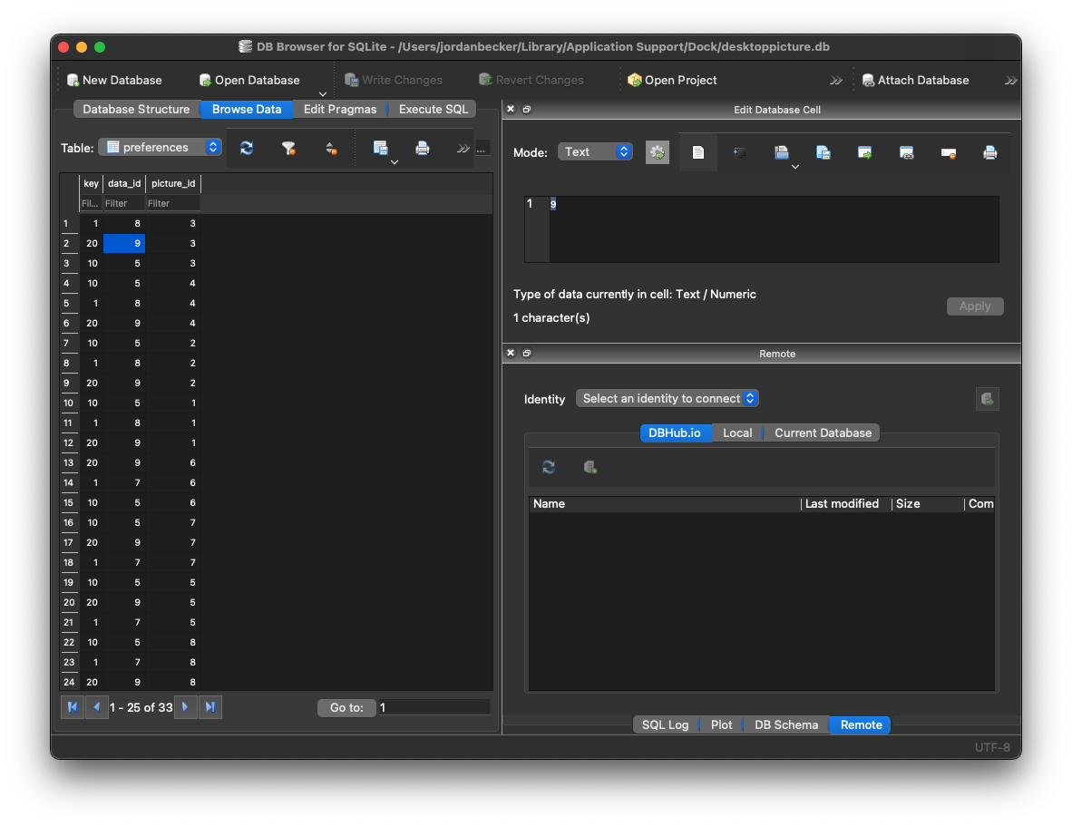 Screenshot from DB browser for SQLite on the "Browse data" tab showing the "preferences" table