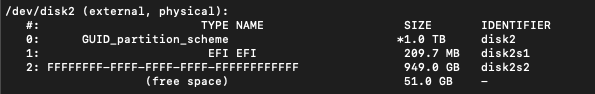 Screenshot of the Terminal output for 'diskutil list'