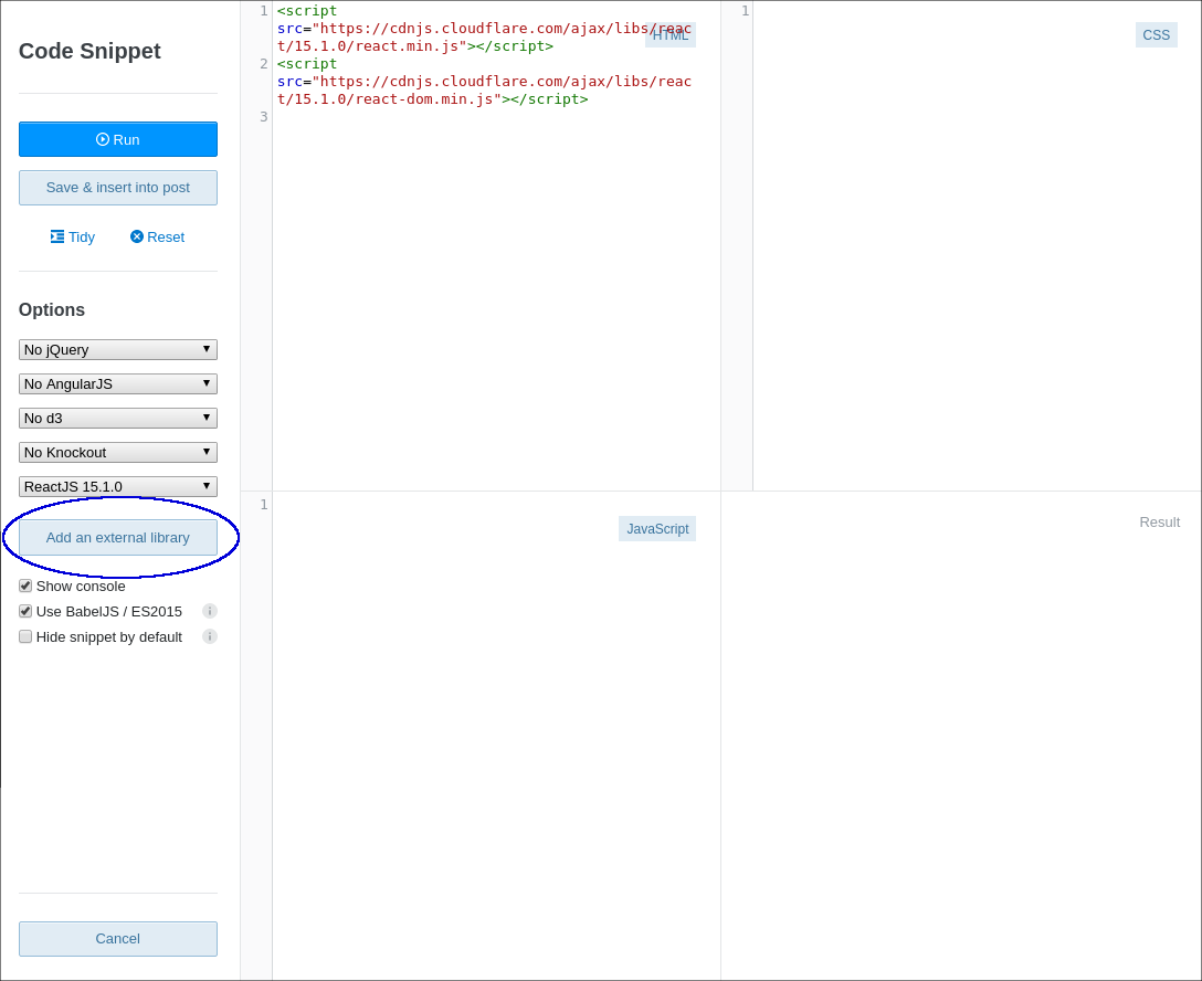 An image of the Stack Snippet interface with the Add an external library button circled