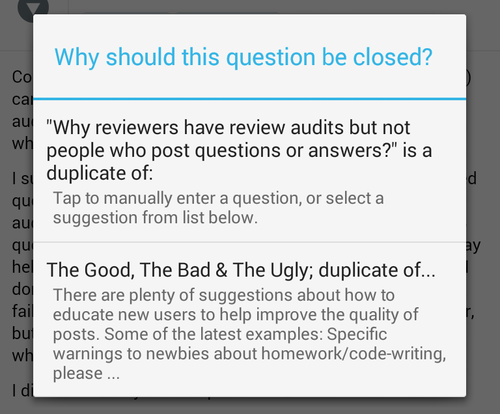 List of suggested duplicates, titled "Why should this question be closed?"