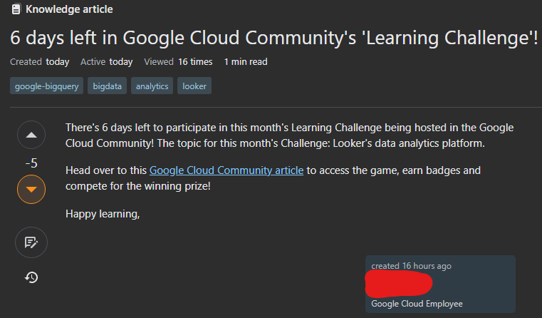 Screenshot of an article about a Learning Challenge hosted in the Google Cloud Community with a link to the challenge