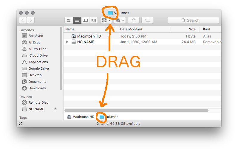 Drag /Volumes from Finder Title Bar