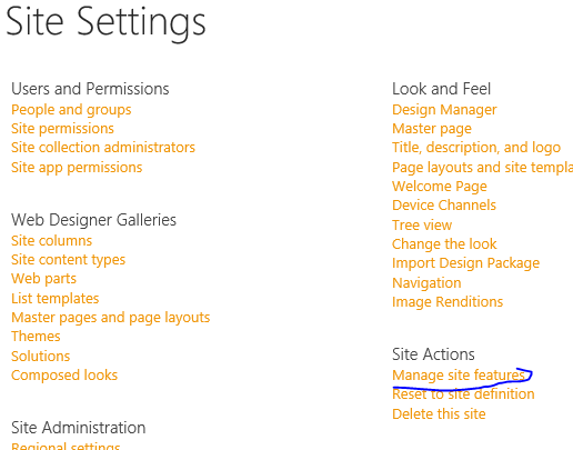 SharePoint site, Manage site features